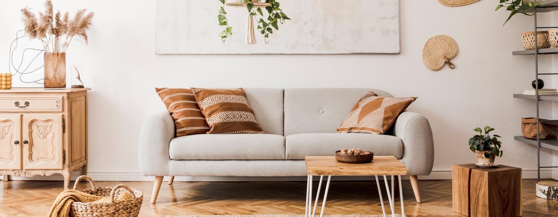 a living room with a couch and a table